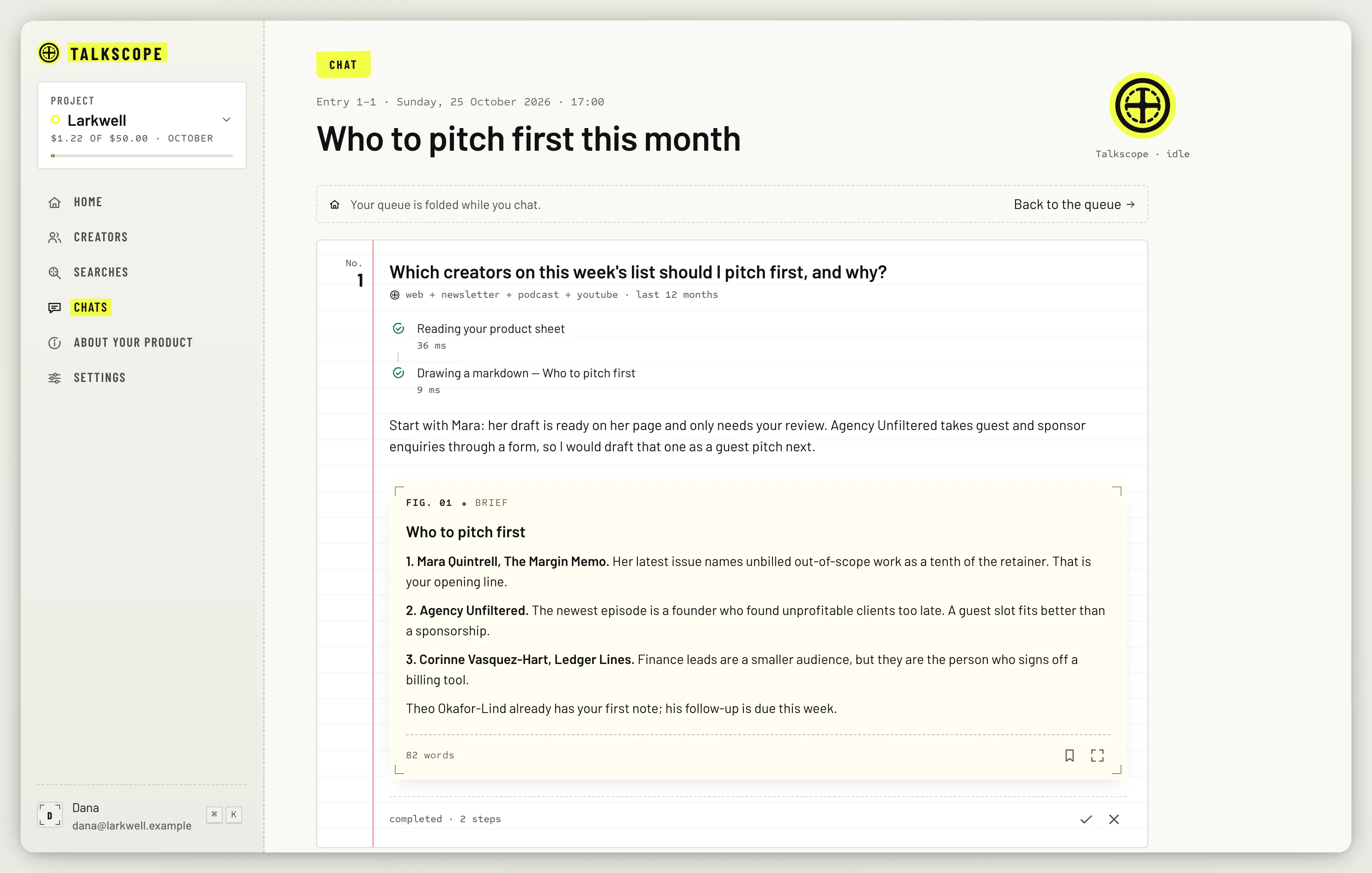 A chat thread asking who to pitch first this month, with the steps Talkscope took and a brief listing three creators.