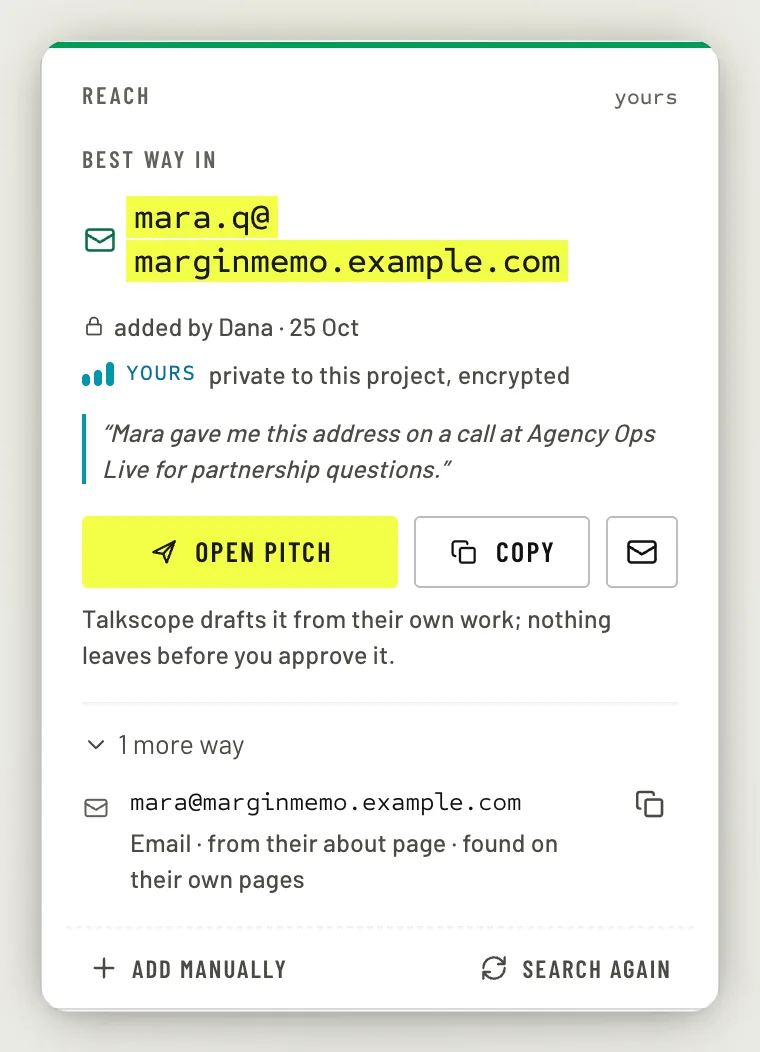 The Reach card on a creator page showing the best way in, an address added by the member, and the Add manually and Search again buttons.