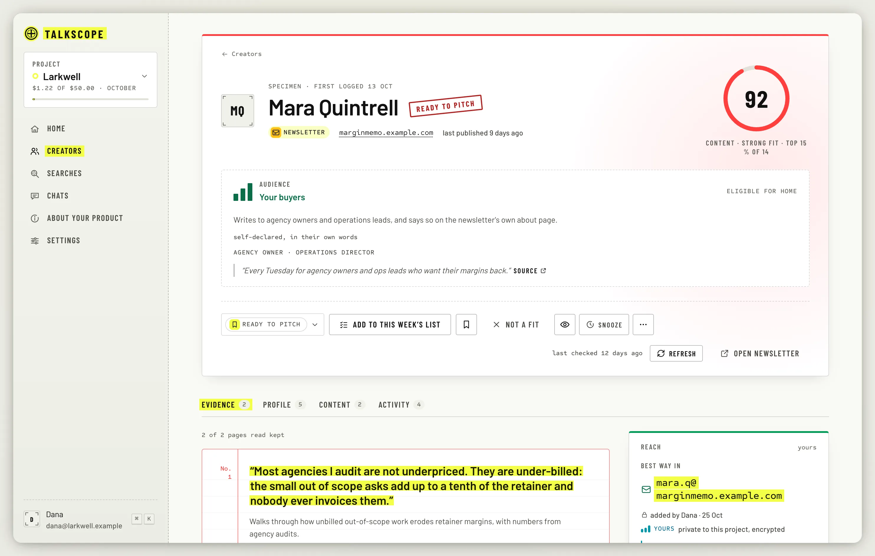 A creator page with the Evidence tab, the scores and the Draft pitch button.