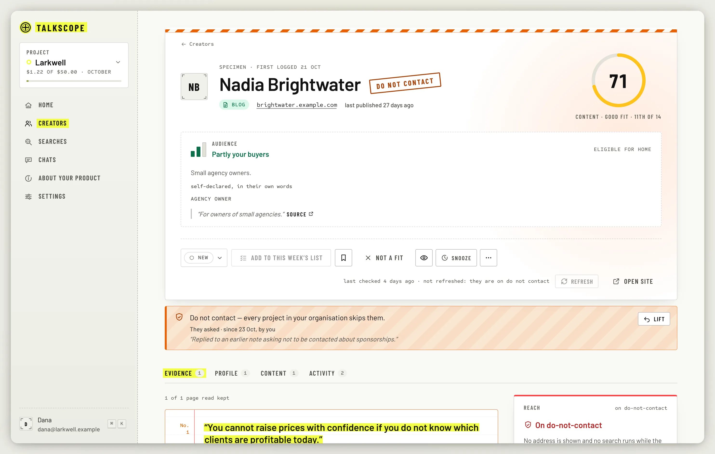 A creator page with the Do not contact stamp and a banner giving the reason, the date and a Lift button.