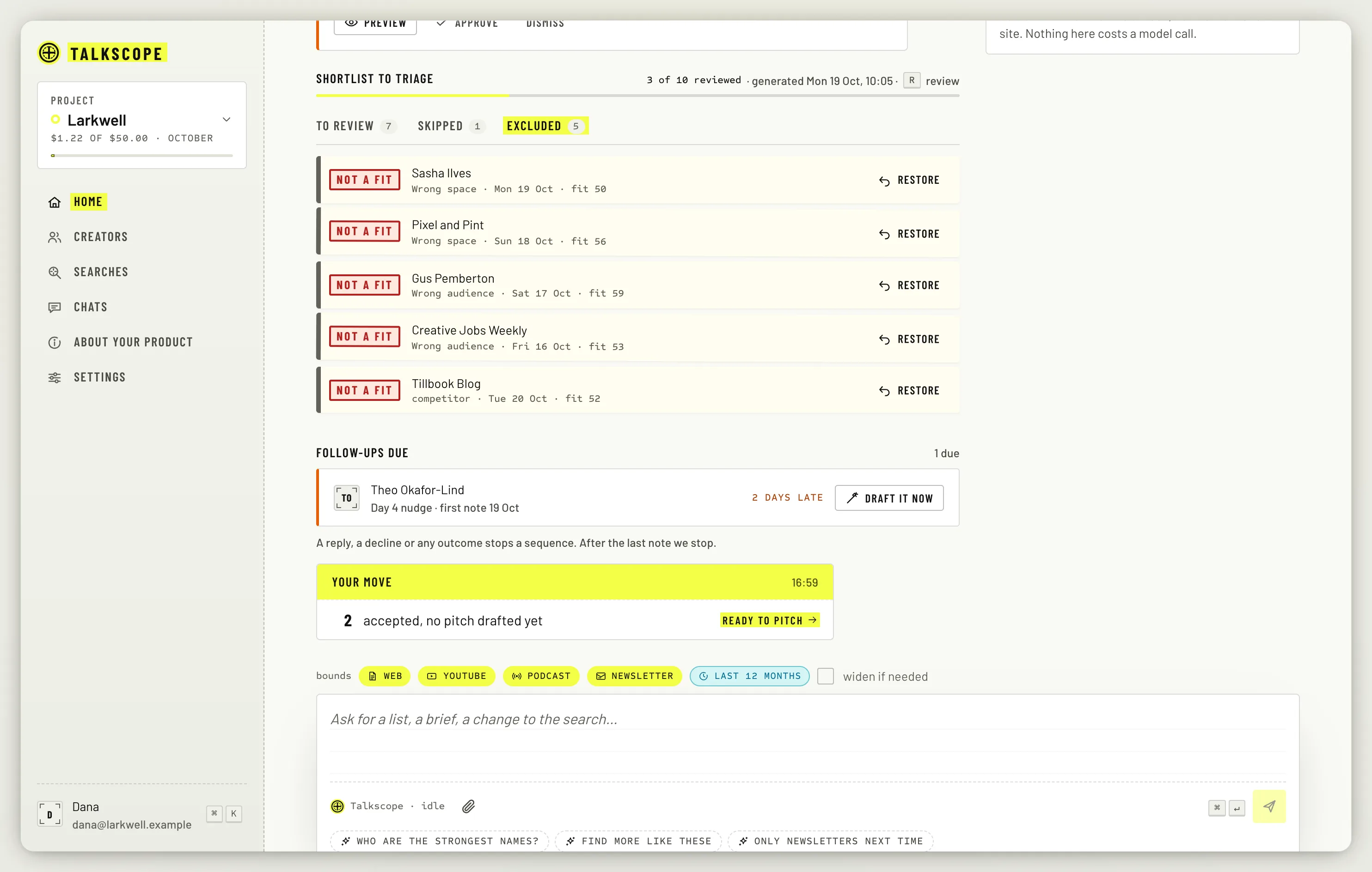 The Excluded tab listing creators marked Not a fit, each with a Restore button.