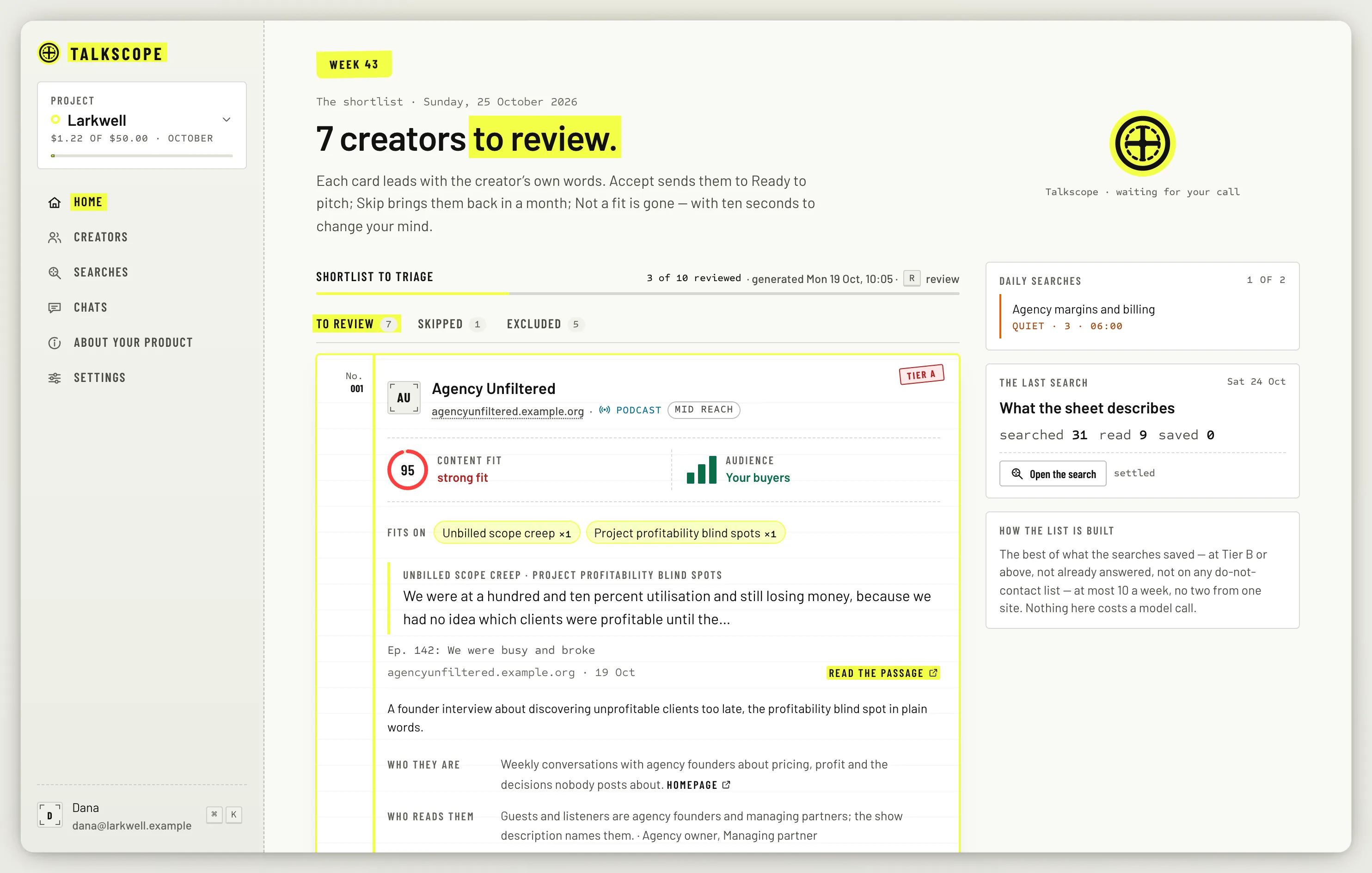 Talkscope Home: the week's shortlist of creator cards, each led by a quote from the creator.