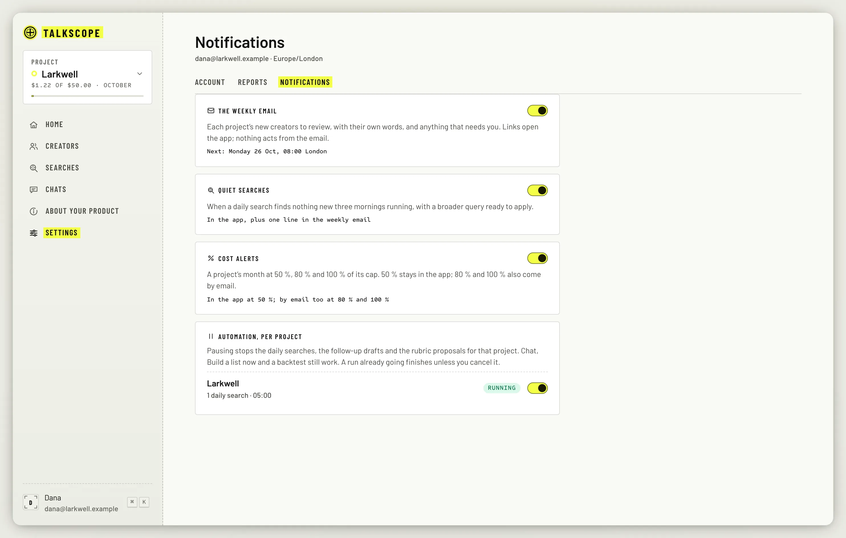 Notification settings with switches for the weekly email, quiet searches and cost alerts.