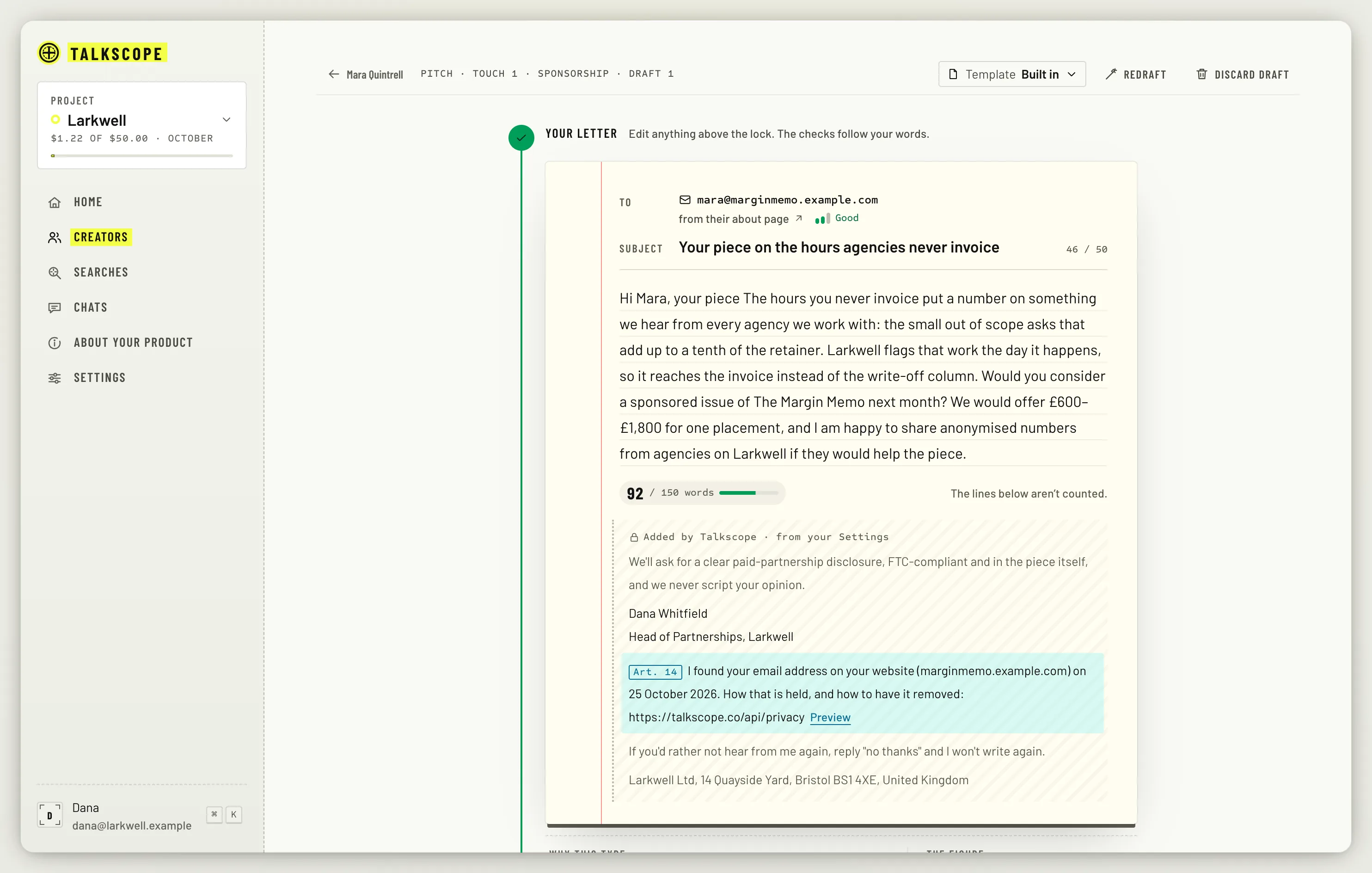 The pitch page with the letter, the pre-flight checklist and the Reviewed & approved button.