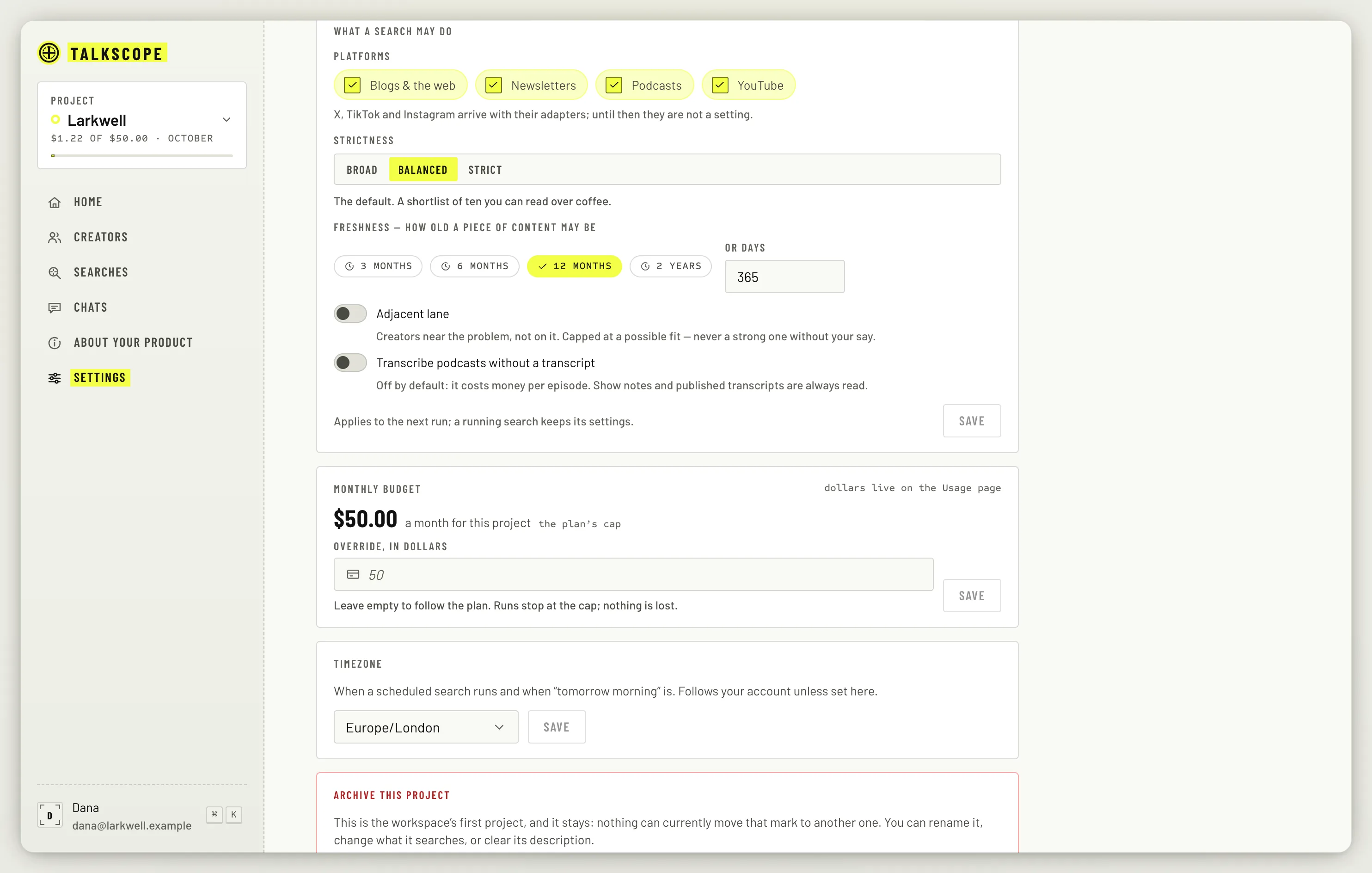 Project settings with the Monthly budget card and its Override, in dollars field.