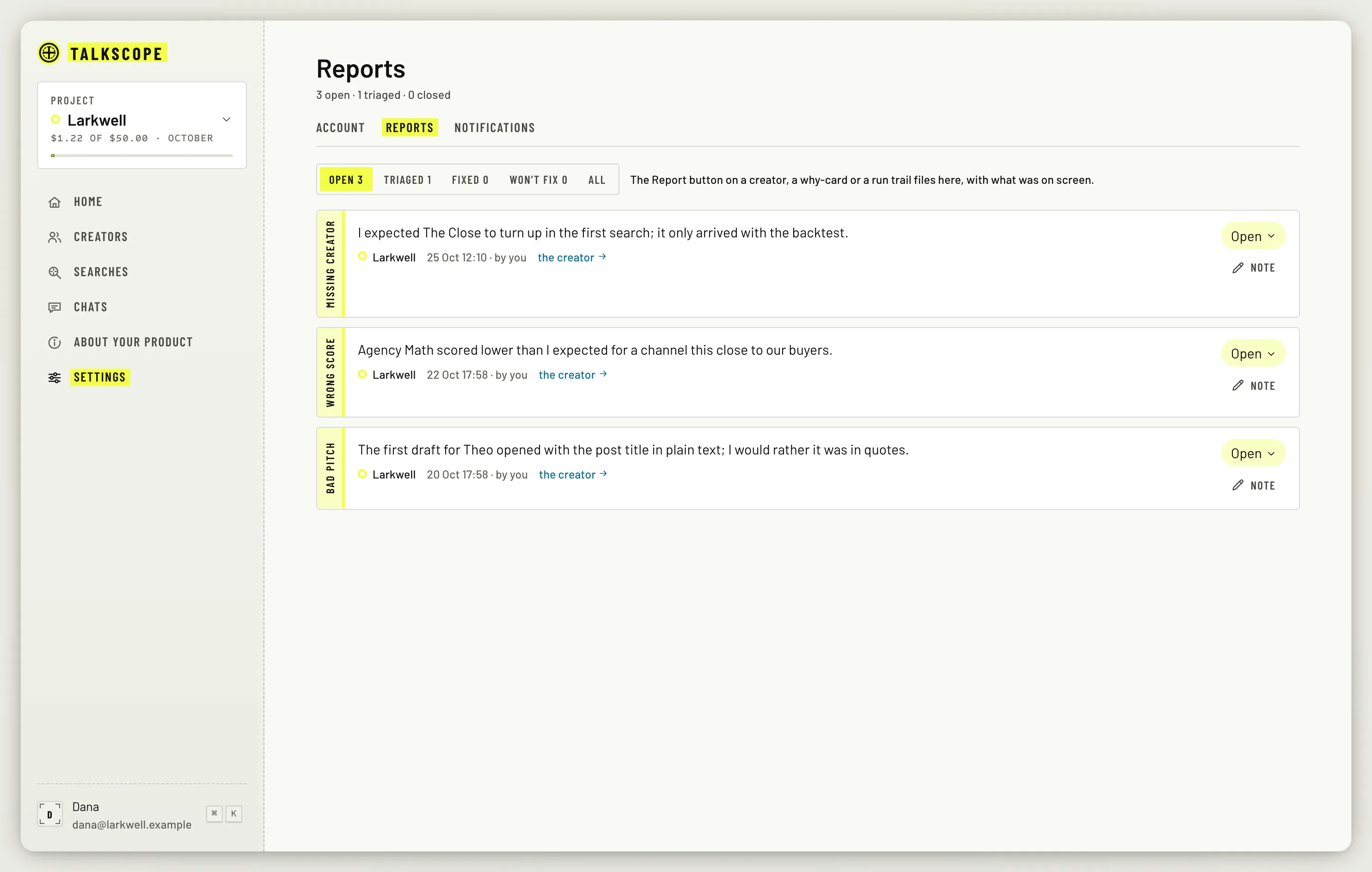 The Reports tab listing open reports, such as a wrong score on a creator.