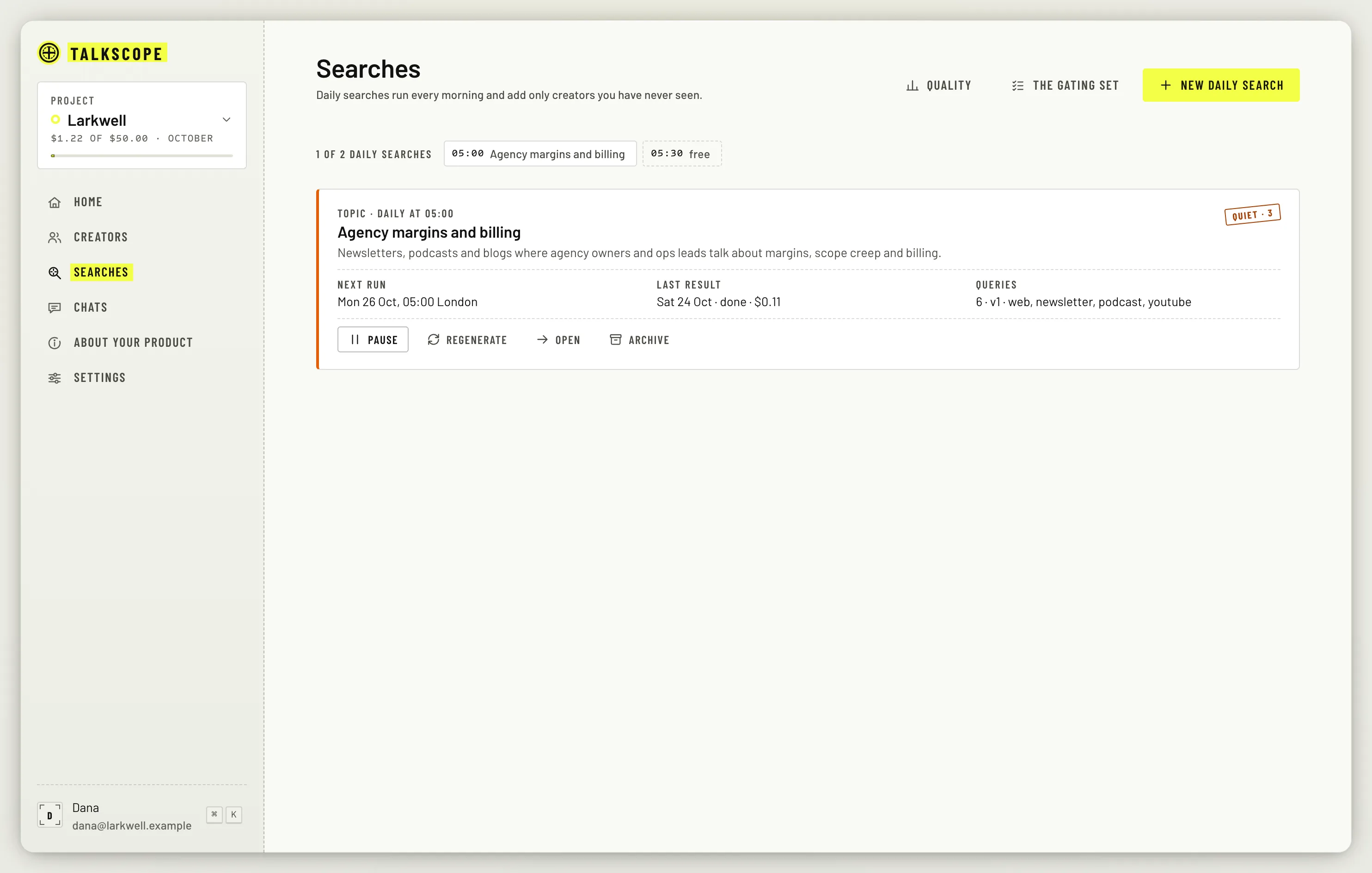 The Searches page listing daily searches with their next run and last result.
