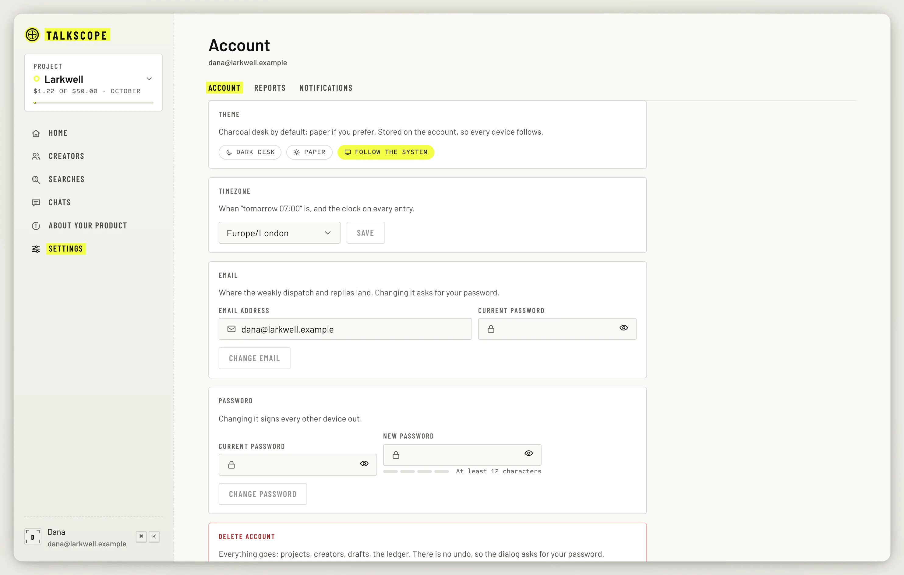Account settings with the theme, timezone, email, password and delete account cards.